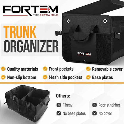 FORTEM Trunk Organizer For SUV Car Organizer and Storage, Multi-Compartment Storage Bag Car Accessories for Women Men, Perfect Christmas Gifts, 1680D Oxford, Non Slip Bottom, Straps, Soft Cover (90L)