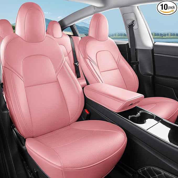 Tesla Model 3 Car Seat Covers Nappa Leather Car Interior Seat Airbag Compatible Cushion Cover Full Set Custom Fit 2023 2022 2021 2020 2019 2018, Nappa Pink