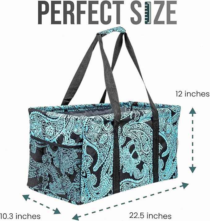 Extra Large Utility Tote Bag - Oversized Collapsible Reusable Wire Frame Rectangular Canvas Basket With Two Exterior Pockets For Beach, Pool, Laundry, Car Trunk, Storage - Paisley Blue