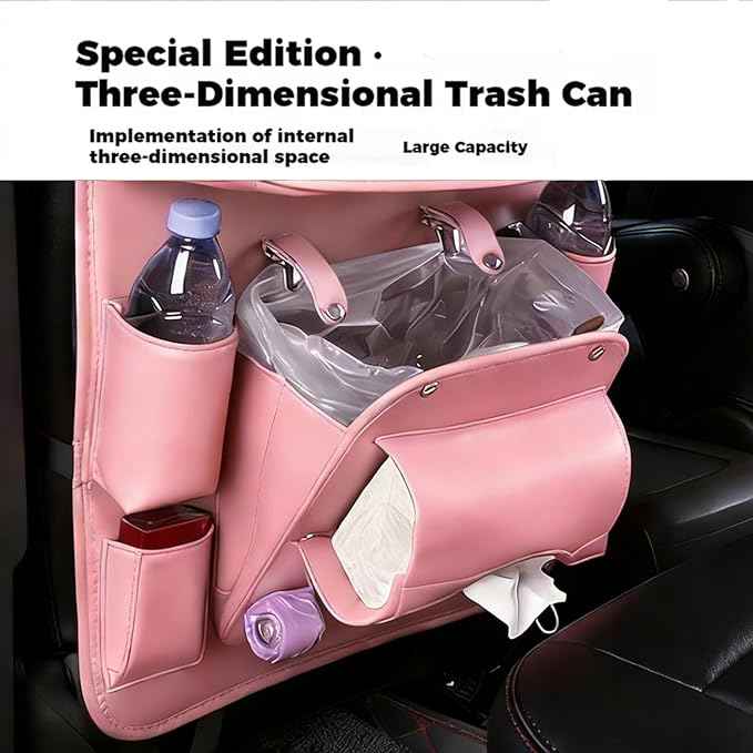 Car Seat Organizer, Multifunctional Backseat Protector Mat, Storage Bag and Tray Rack, Trash Storage (Suitable for Cars, Children, Back of Seats, and Rear Seats) (Pink, Leather 1-Piece Set)