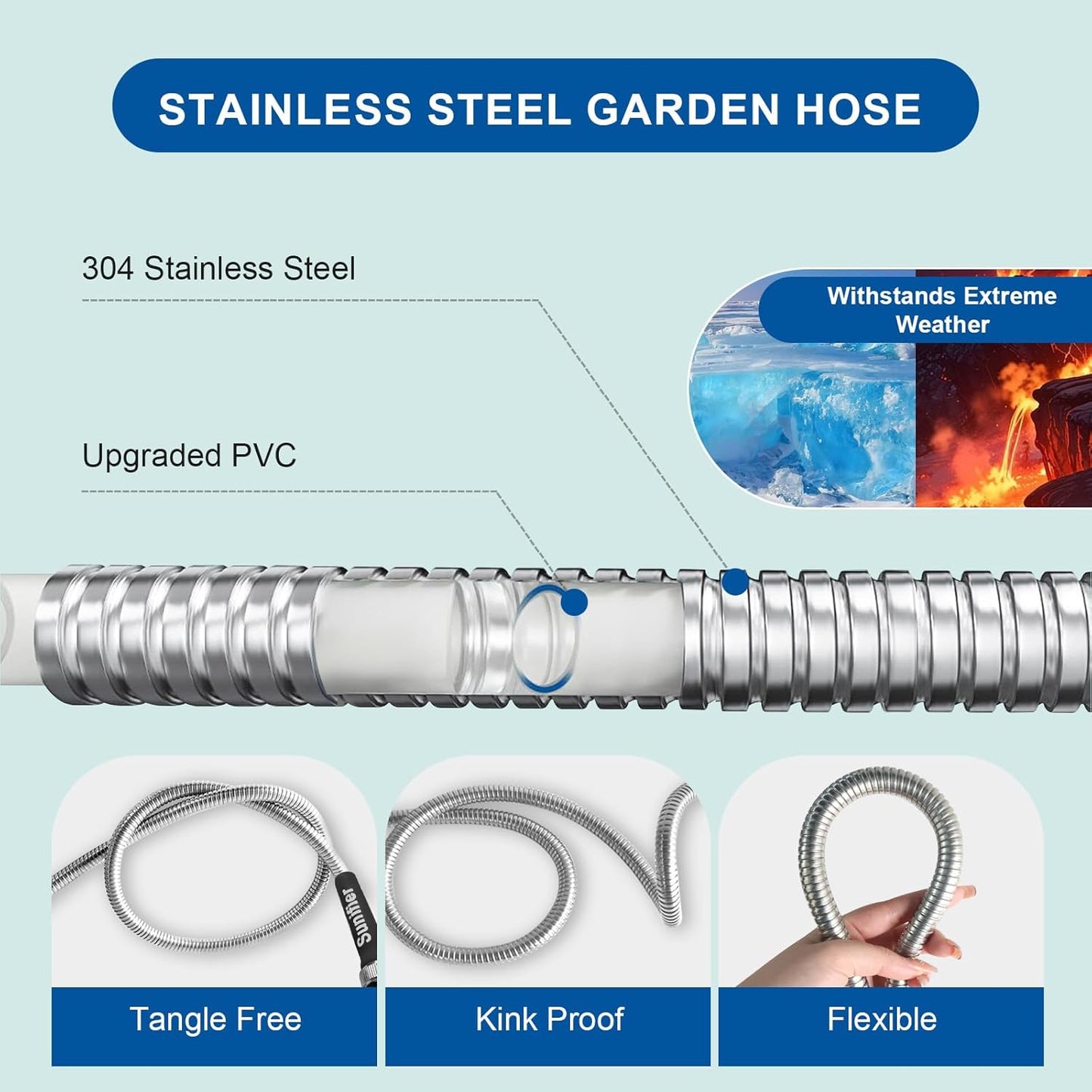 Metal Garden Hose 25 Ft Flexible Stainless Steel Garden Hose Lightweight, Heavy Duty Water Hose With High Pressure Hose Nozzle Sprayer for Garden, Lawn(25 FT)