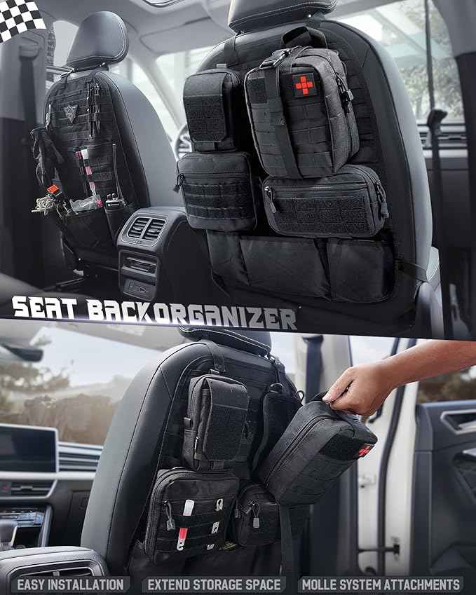 WYNEX Car Seat Back Organizer Set, Universal Vehicle Accessories Molle Panel Detachable 4 Tactical Pouches - Medical, Phone, Admin Storage Bag for Road Trips, Fits Most Cars, SUVs, Trucks