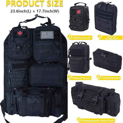 Universal Tactical Car Seat Back Organizer Bag Tactical Molle Vehicle Organizers Panel Vehicle Protector Organizers with 5 Detachable Pouches for Car (Upgraded A black)