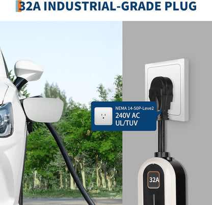 Level 2 EV Charger, 32A 240V Voltage, NEMA 14-50 Plug, 25ft Cable, Adjustable Current/Delay Timer, SAE J1772 Listed Portable Electric Car Charger for Indoor/Outdoor Use