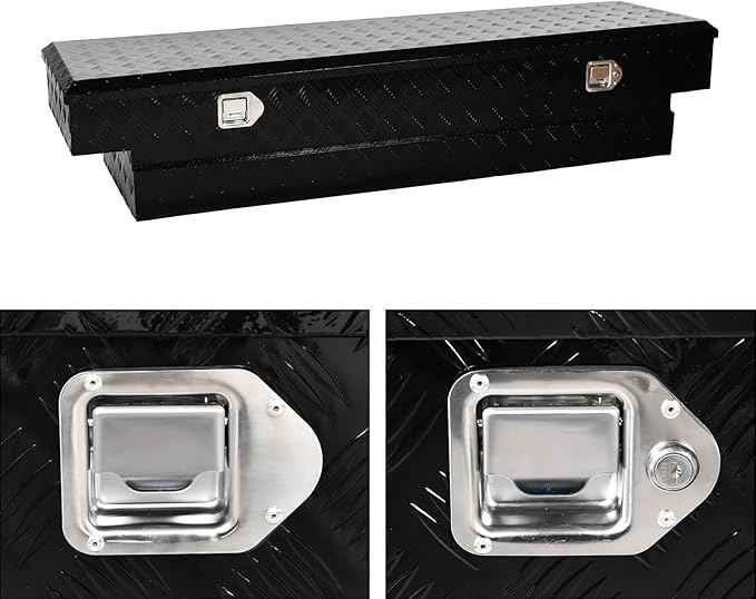 69 Inch Black Heavy Duty Aluminum Tool Box Wide Utility Trailer Stripes Plated 5 Bar Tread for Pick Up Truck Bed RV ATV Organizer Trailer Storage ToolBox w/Lock and Keys (69"X20"X14.75")