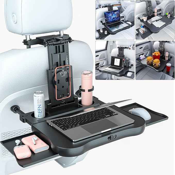 Car Back Seat Tray Table-Stable Auto Backseat Food Trays Desk for Rear Passenger Road Trip Eating & Work, Multifunctional Adjustable Travel Tray with Phone Drink Holder for Laptop iPad
