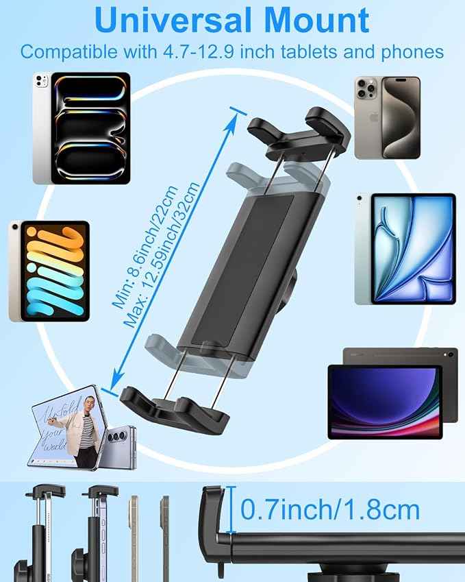 Tablet Mount for Car, Car Rear View Mirror Tablet Phone Holder, [Metal Adjustable Arm] Truck Rearview Mirror Clip for iPad Pro Air Mini, Galaxy Tab, iPhone 16 and 4.7-12.9" Devices