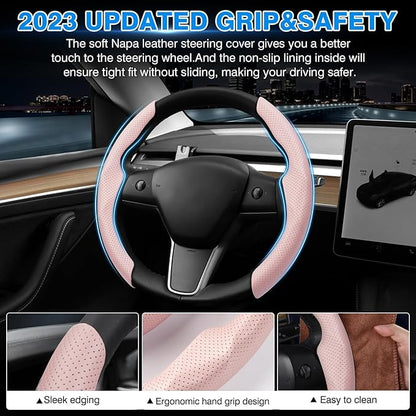 Shademax Custom-Fit for Tesla Steering Wheel Cover, Tesla Model Y / 3 2017-2025 (Fit Model Y Juniper 2026/ Model 3 Highland) Carbon Fiber Steering Wheel Cover for Tesla Model Y / 3 Accessories (Pink)