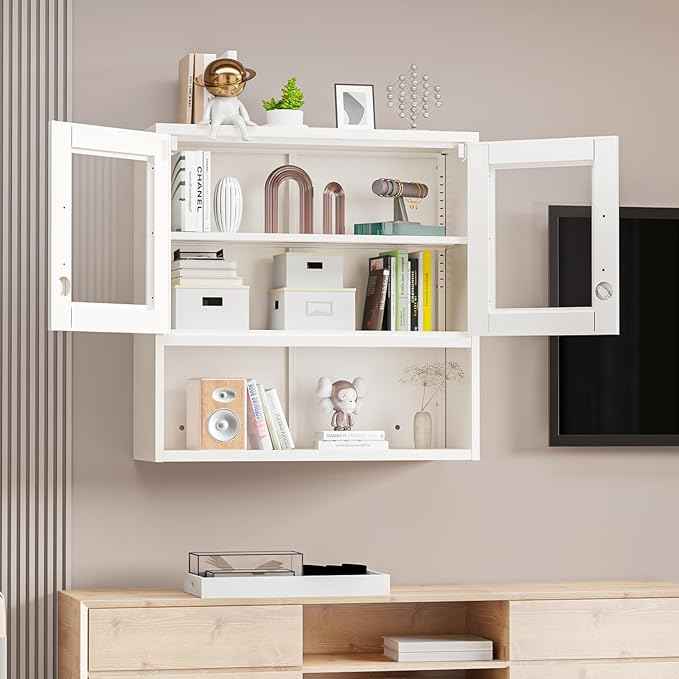 VINGLI Metal Wall Cabinet with Locking Glass Doors & Magnetic LED Sensor Light, Adjustable Shelf, Wall Mounted Storage Display Cabinets for Garage, Kitchen, Home Office, Warehouse, Living Room, White