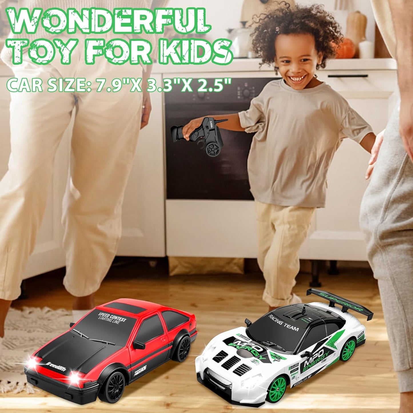 RC Drift Car 2.4GHz 1:24 Scale 4WD Remote Control Car 15KM/H High Speed Drifting RC Cars with Cool Lights, Two Batteries and Extra Tires Toys for Kids Boys Girls Adults, Green - AutoBay
