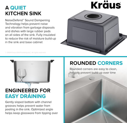 KRAUS Fairlane 15-inch Drop In/Top Mount Single Bowl 18-Gauge Stainless Steel Kitchen Bar Sink, KHT631-15