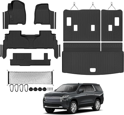 Tongama-Floor Mats for 2021-2025 2026 Chevy Tahoe/GMC Yukon 8 Seats with Bench Seats, All Weather TPE Trunk Mat & 3rd Row Backrest Mats & Cargo Net & Door Sill Guards for Tahoe Floor Liner Accessories