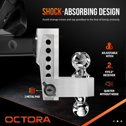 Adjustable Trailer Hitch (Fits 2-Inch Receiver) - Aluminum Tow Hitch with 6-Inch Drop/Rise for Truck (12,500 LBS GTW) - Double Anti-Theft Locking Hitch Pins (Silver, 2inch-6Drop)