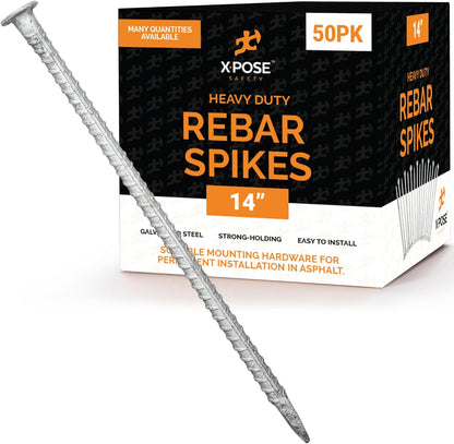 Heavy Duty Rebar Stakes 14" - 1/2" Diameter Threaded Galvanized Steel Spikes – 50 Pack Metal Ground Stakes for Speed Bumps & Wheel Stops – Support Estacas de Metal – Durable Asphalt Surface