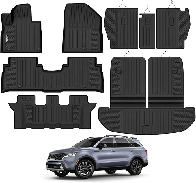 Tongama-Floor Mats for 2016-2020 Kia Sorento 7 Seats, All Weather TPE Floor Liners & 2nd Backrest Mats & Trunk Mat with Backrest Mat for Kia Sorento Waterproof Interior Accessories