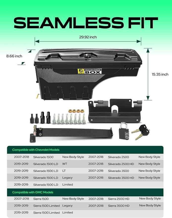 YHTAUTO Truck Bed Storage Tool Box Lockable Compatible with 2007-2018 Chevrolet Silverado & GMC Sierra 1500 2500 3500, 2019 Silverado/Sierra 1500 Passenger Side, Swing Waterproof Wheel Well Toolbox