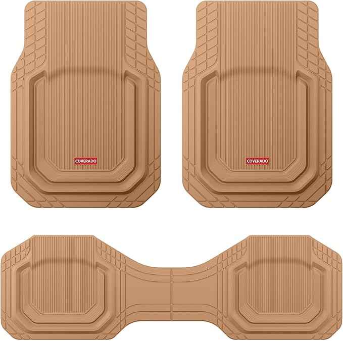 Coverado Car Floor Mats Heavy Duty, Deep Dish All-Weather Beige Mats, Universal Waterproof Trim to Fit Automotive Mats for Cars SUV Trucks, Durable Floor Liner Car Accessories, Full Sets, 3pcs
