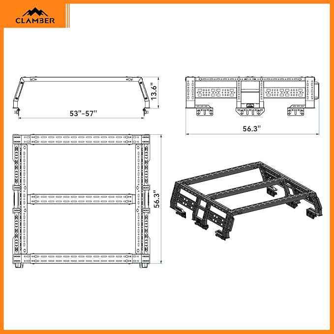 CLAMBER Overland Bed Rack for Mid-Size Pickup Truck with/Without Bed Rails | Adjustable Width Compatible with Tacoma, Gladiator, Ranger, Colorado, Canyon, Frontier (See Image for Size Chart)