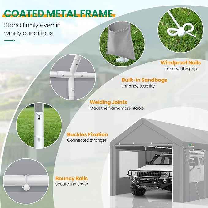 COBIZI 10x20 FT Heavy Duty Carport with Galvanized Frame, Carport Canopy with Roll-up Windows, Storage Tent with Removable Sidewalls & Doors, Built-in Sandbags for Car Boat Truck, Gray
