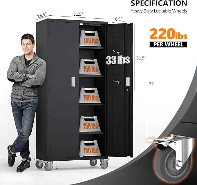 VINGLI 72'' Tall Garage Storage Cabinet, Metal Storage Cabinet with Pegboards, Wheels, Locking Doors and Adjustable Shelves (Black, 32''W x 16''D x 72''H)