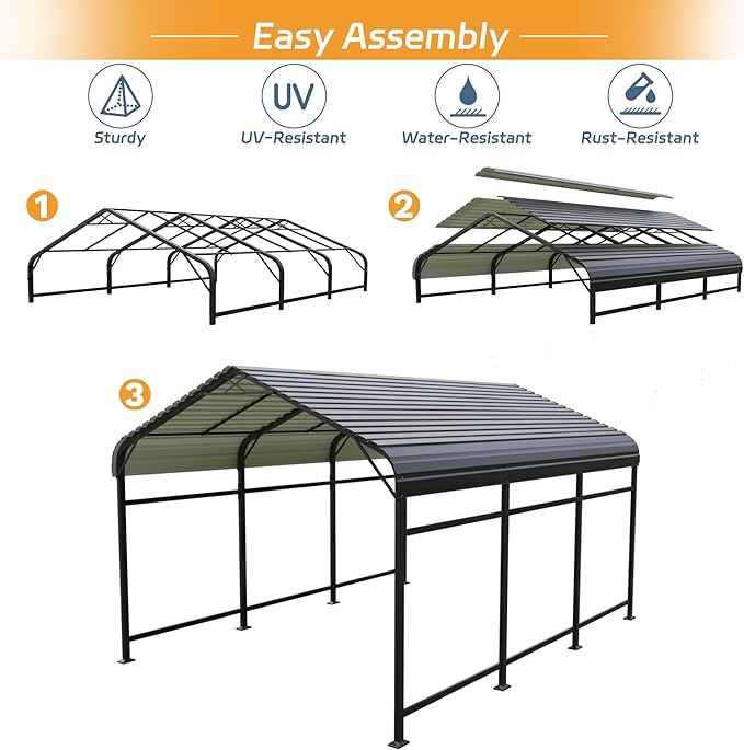 Patiowell 10x15 FT Metal Carport, Heavy Duty Outdoor Carport with Reinforced Frame and Galvanized Steel Roof, All-Weather Car Port Shelter for Car, Truck, Boat and Tractor, Black