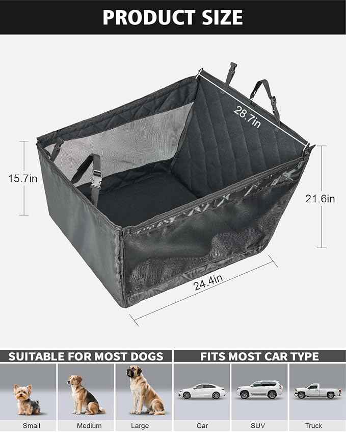 Large Dog Car Seat, Hard Bottom Back Seat Extender for Large Medium Dogs, Waterproof Dog Car Seat Cover, Non-Slip Car Hammock, Pet Seat Cover for Car/SUV/Truck(Black-L)