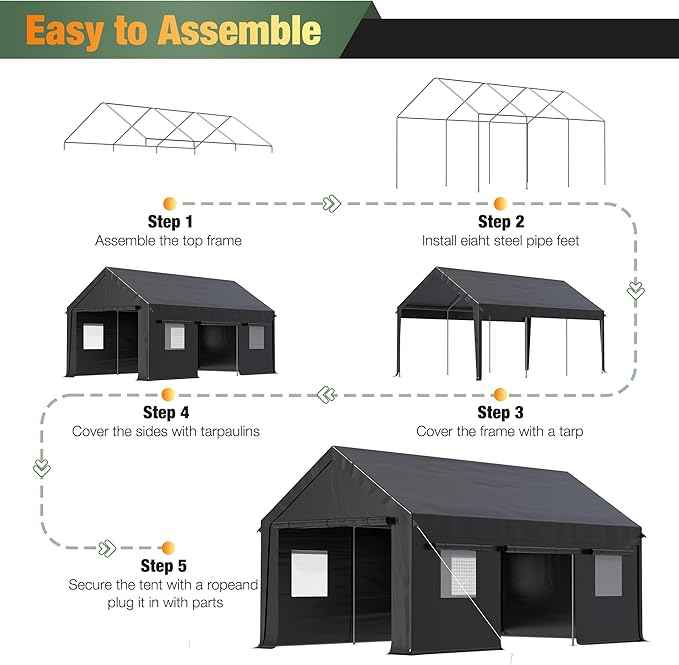 Polar Aurora 12x20 FT Heavy Duty Carport with All-Season Tarp, Portable Garage Tent with Roll-Up Windows & Side-Opening Door, Enclosed Car Port Canopy with Galvanized Frame for Car, SUV, Truck, Boat