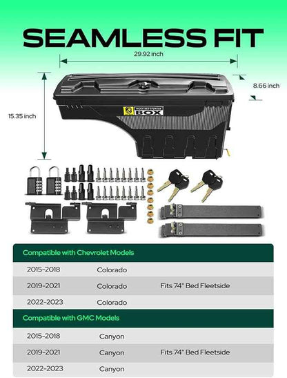 YHTAUTO Set of 2 Truck Bed Storage Tool Box Lockable Compatible with 2015-2023 Chevrolet Colorado GMC Canyon, 2019-2021 Fits 74" Bed, Swing Waterproof Wheel Well ToolBox