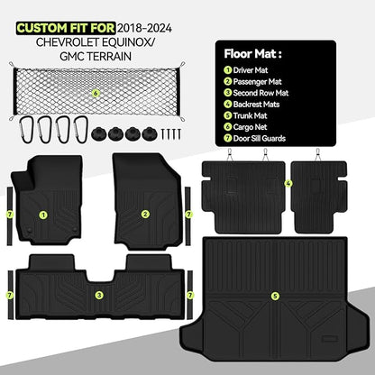 Tongama-Floor Mats for 2018-2024 Chevrolet Equinox/GMC Terrain, All Weather TPE Trunk Mat and Backrest Mats Protector and Cargo Net and Door Sill Guards for Chevrolet Equinox Floor Liner Accessories
