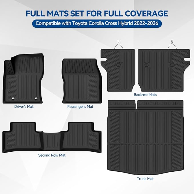 Custom Fit Floor Mats for Toyota Corolla Cross Hybrid 2022-2026, All Weather TPE Floor Liners with Trunk Mat & Backrest Protectors, Odorless Full Set Interior Accessories
