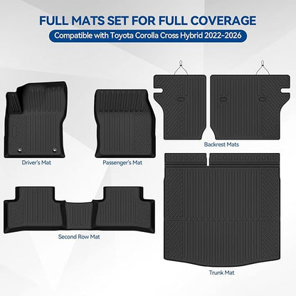 Custom Fit Floor Mats for Toyota Corolla Cross Hybrid 2022-2026, All Weather TPE Floor Liners with Trunk Mat & Backrest Protectors, Odorless Full Set Interior Accessories
