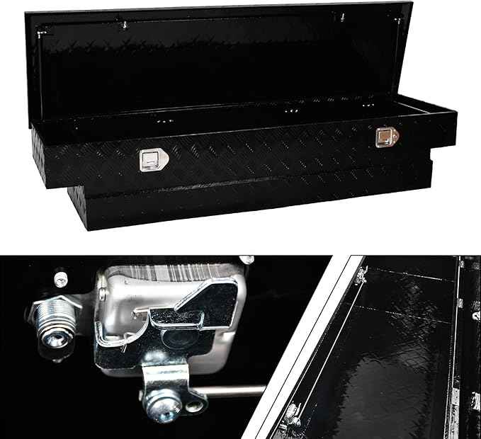 69 Inch Black Heavy Duty Aluminum Tool Box Wide Utility Trailer Stripes Plated 5 Bar Tread for Pick Up Truck Bed RV ATV Organizer Trailer Storage ToolBox w/Lock and Keys (69"X20"X14.75")