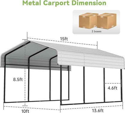 Real Relax 10x15FT Heavy Duty Metal Carport, Outdoor Carport Canopy with Galvanized Steel Roof and Reinforced Base for All-Weather, Garage Shelter Shade for Trucks, Boats, Party, Cream White