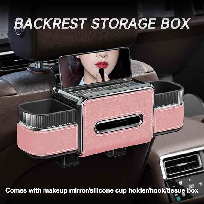 Multifunctional Car Seat Back Organizer Box with Drink Cup Holder, Makeup Mirror, Tissue Box& Hooks for Car Seat Back, New Upgrade Car Headrest Backseat Organizer Suitability for Wife, Girlfriend