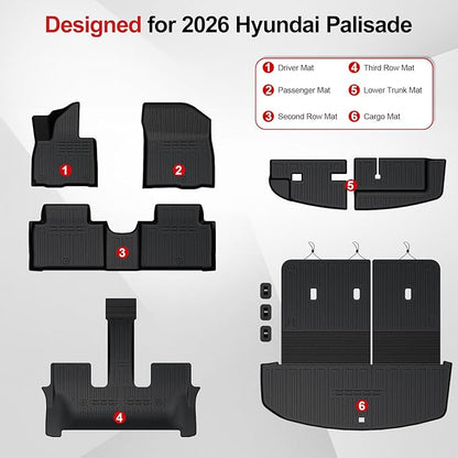 Floor Mats for 2026 Hyundai Palisade 7/8 Seat (Only Gas), All Weather TPE Black Cargo Mat with 3rd Seat Back Cover and Lower Trunk Mat for 2026 Hyundai Palisade Calligraphy Accessories