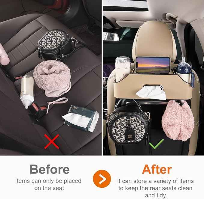 Car Rear Backseat Extra Multifunctional Drink Cup Holder Organizers With Tissue Storage Box Organizer & Hooks For Car Seat Back.Beige