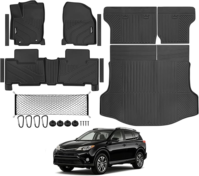 Tongama-Floor Mats for 2013-2018 Toyota RAV4(Not for Hybrid or Prime), All Weather TPE Floor Liners & Trunk Mat & Backrest Mats Protector & Cargo Net & Door Sill Guards for Toyota RAV4 Accessories