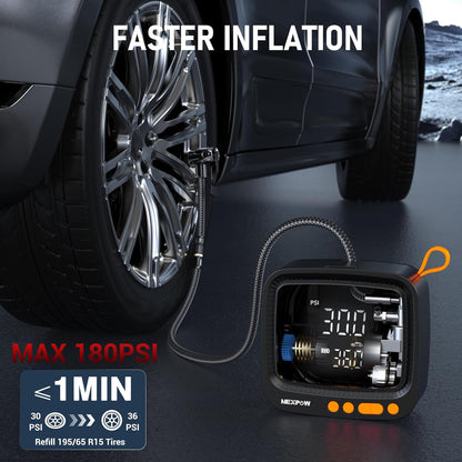 NEXPOW Tire Inflator Portable Air Compressor, 180 PSI Cordless Air Pump for Car Tires with Digital Pressure Gauge & Auto Shut-Off, Air Compressor Portable for Car, Motorcycle, Bicycle, Ball, Orange