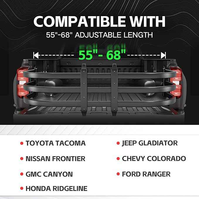 Truck Bed Extender, Aluminum Retractable Tailgate Extender, 55"-68" Adjustable Length, Drill Required, Fits for Tacoma, Gladiator, Frontier, Colorado/Canyon, Ranger, Ridgeline