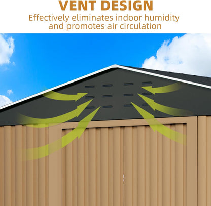 8X12FT Outdoor Metal Storage Shed, Lockable Weatherproof Garden Shed for Tools & Equipment, Durable Galvanized Steel with Sloping Roof & Ventilation, Ideal for Backyard, Patio & Garage Storage, Brown