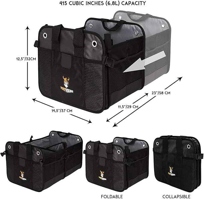 Tuff Viking Convertible SUV Trunk Organizer | Truck Bed Organizer for SUVs, Autos, Trucks and Jeeps with Tie Down Straps