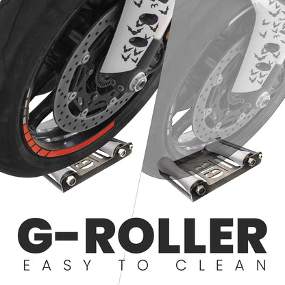 GRAND PITSTOP Motorcycle Roller Wheel Cleaning Stand - Paddock Stand Replacement - Wheel Roller Stand with Ramp Support for tire Cleaning & Chain Lubrication (Roller Large Antic Silver)