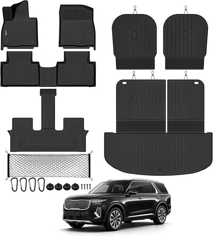 Tongama-Floor Mats for 2027 Kia Telluride 7 Seats with Bucket Seat(Only Gas), All Weather TPE Trunk Mat with Backrest Mat & 2nd Row Backrest Mats & Cargo Net for Kia Telluride Floor Liner Accessories