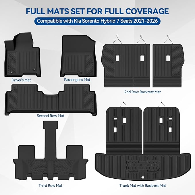 Custom Fit Floor Mats for Kia Sorento Hybrid 7 Seats/Bench Seats 2021-2026, All Weather TPE Floor Liners with Trunk Mat & Backrest Protectors, Odorless Full Set Interior Accessories