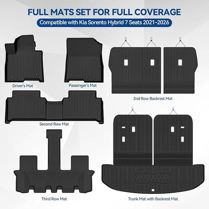 Custom Fit Floor Mats for Kia Sorento Hybrid 7 Seats/Bench Seats 2021-2026, All Weather TPE Floor Liners with Trunk Mat & Backrest Protectors, Odorless Full Set Interior Accessories