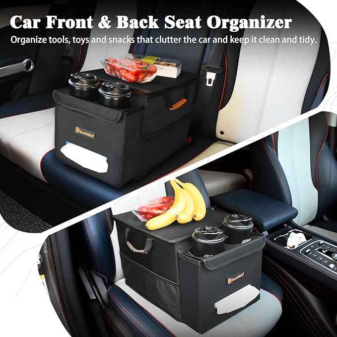 Car Seat Organizer-Car Organizers and Storage with Cooler Compartment, Car Organizer Front Back Seat for Kids, Car Storage Organizer with Lid Cup Holder Tissue Holder for Road Trips (Black)