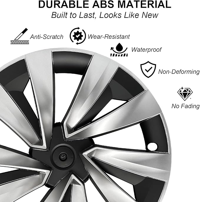 19 Inch Wheel Covers for Tesla Model Y Juniper 2025 2026, 4PCS Spiral Hubcaps Wheel Rim Protectors with Center Caps for Model Y Juniper Accessories, Seamless Fit, Sporty Style, Silver & Black