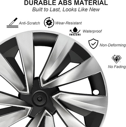19 Inch Wheel Covers for Tesla Model Y Juniper 2025 2026, 4PCS Spiral Hubcaps Wheel Rim Protectors with Center Caps for Model Y Juniper Accessories, Seamless Fit, Sporty Style, Silver & Black