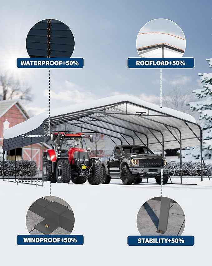 20x25FT Heavy Duty Metal Carport,Outdoor Portable Car Garage w/Led Light,Removable PE SideReinforced Base & Galvanized Steel Roof, Outdoor Car Port Canopy Shelter for Boats, Full-Sized Pickup Trucks