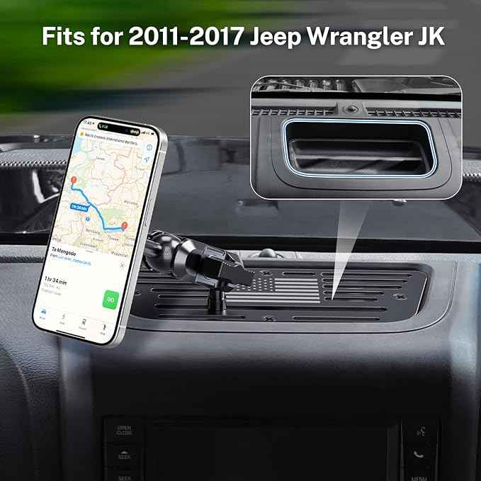 Stainless Steel Phone Mount for 2011-2017 Wrangler JK JKU Magnetic&Clamp Dual Heads All-Metal Shakeproof Original America Flag Design OEM Screws Dash Mount Install